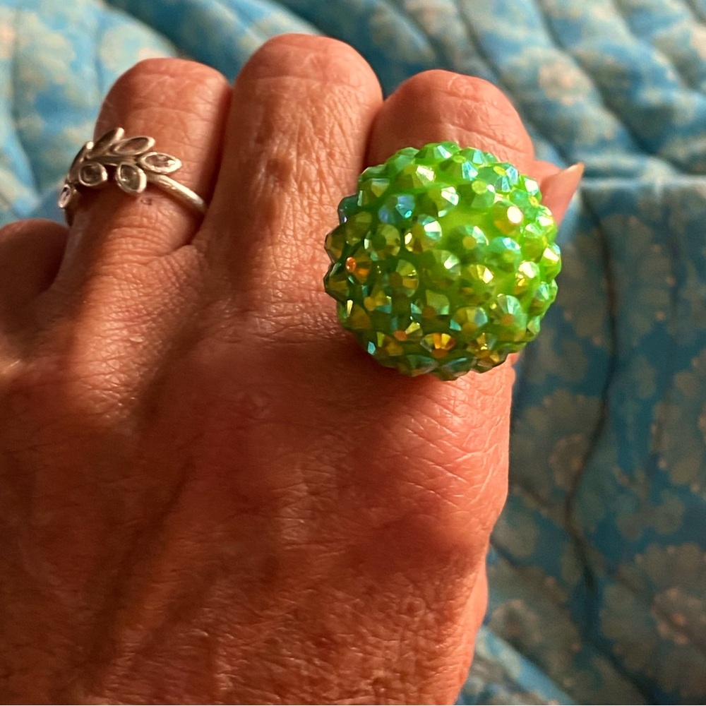 SALE 5/$25 Funky chunky ring, silver,lime green lucite ball,ABS crystals